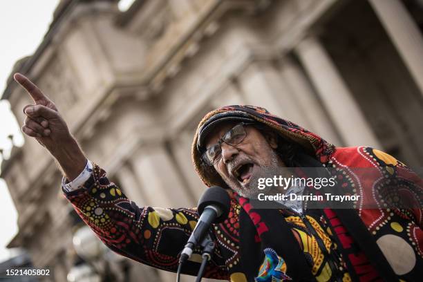 Bunurong Elder Uncle Mike Edwards speaks to the thousands of people taking part in the NAIDOC March on the steps of Parliament House on July 07, 2023...