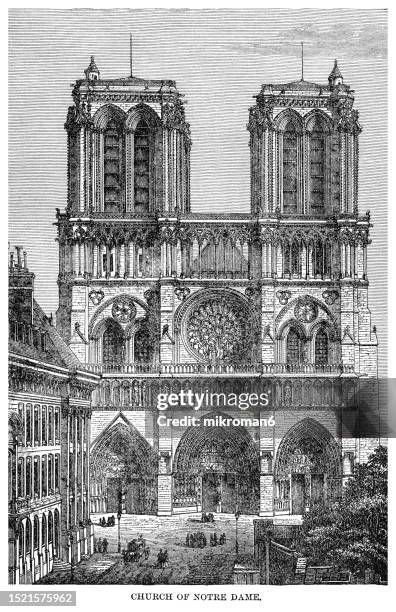 old engraved illustration of cathédrale notre-dame de paris, (our lady of paris) - notre dame de paris imagens e fotografias de stock