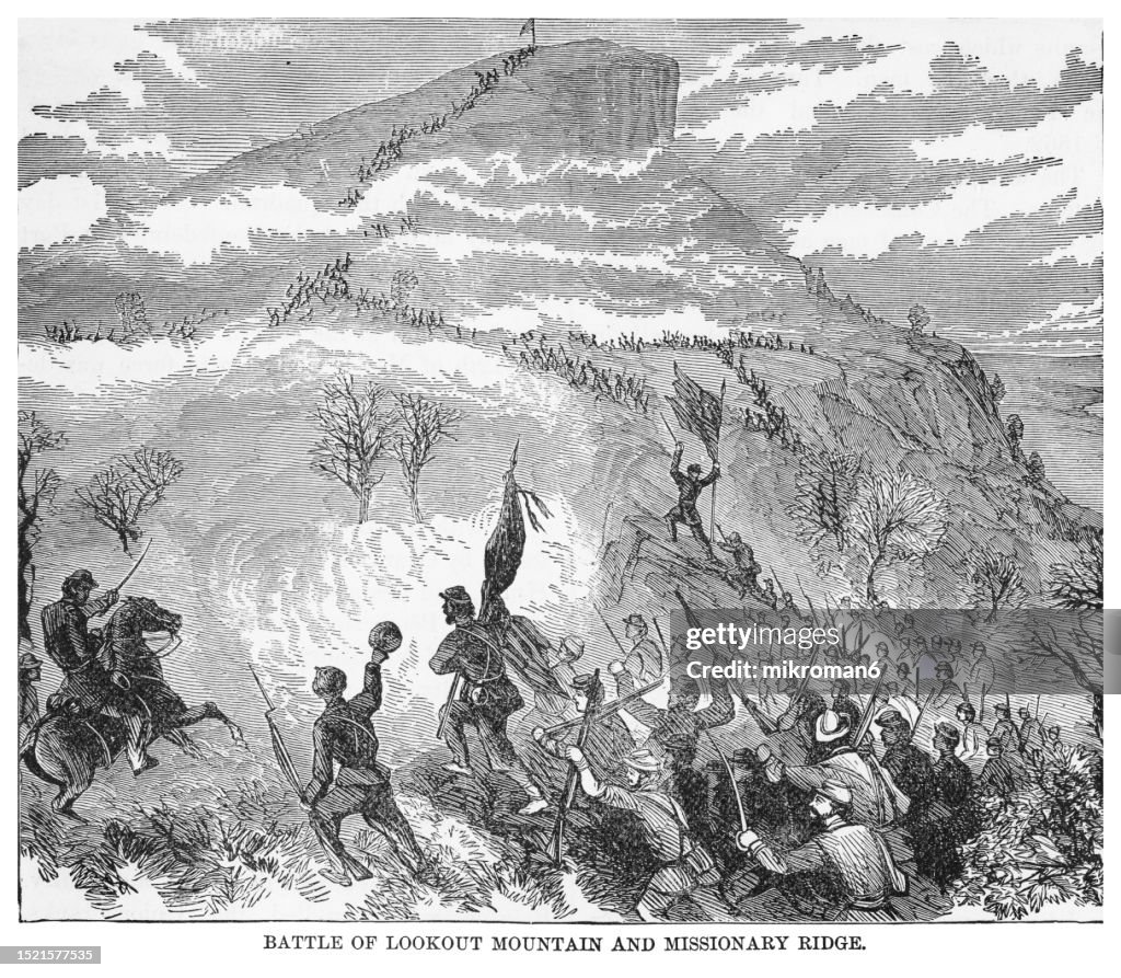 Old engraving illustration of the the Battle of Lookout Mountain and Missionary Ridge, fought on November 25, 1863, as part of the Chattanooga Campaign of the American Civil War