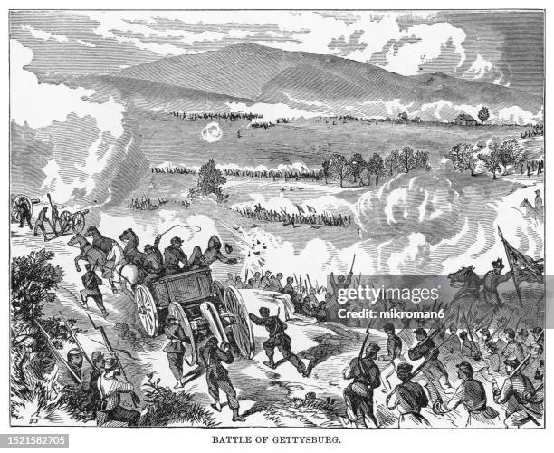 old engraving illustration of the battle of gettysburg, fought july 1–3, 1863, in and around the town of gettysburg, pennsylvania, by union and confederate forces during the american civil war - gettysburg stock pictures, royalty-free photos & images