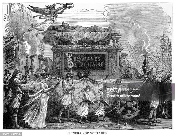 old engraved illustration of funeral of voltaire (françois-marie arouet) french enlightenment writer, historian, and philosopher - old coffin stock pictures, royalty-free photos & images