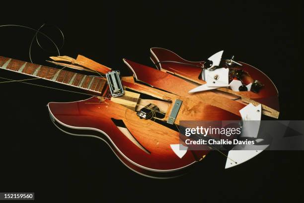 Smashed Rickenbacker 360/12V64 12-string guitar owned by Pete Townshend of The Who, Texas, 1989.