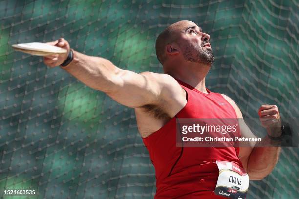 Andrew Evans competes in the Men's Discus Throw Final during the 2023 USATF Outdoor Championships at Hayward Field on July 06, 2023 in Eugene, Oregon.