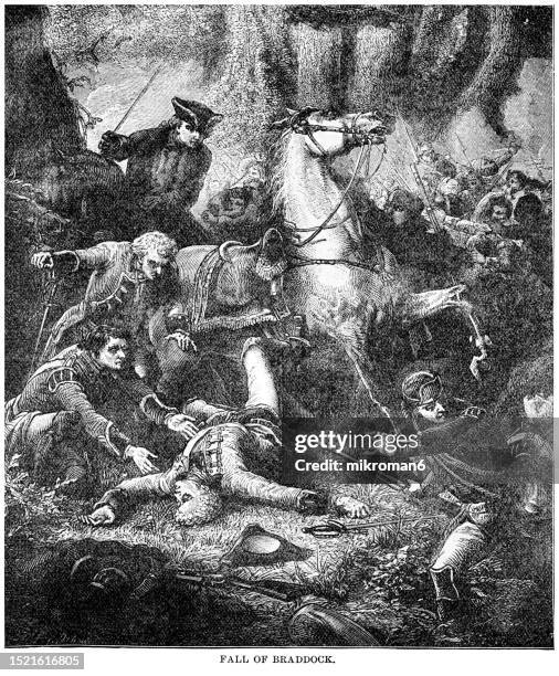 old engraved illustration of fall of major-general edward braddock, (1695–1755) british officer and commander-in-chief for the thirteen colonies during the start of the french and indian war - french and indian war stock pictures, royalty-free photos & images