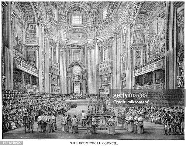 old engraving illustration of the first ecumenical council of the vatican, commonly known as the first vatican council or vatican i, the 20th ecumenical council of the catholic church - cardeal clero - fotografias e filmes do acervo