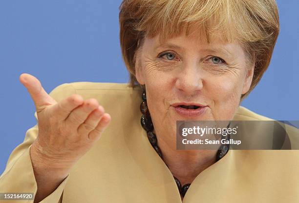 German Chancellor Angela Merkel speaks to the media on September 17, 2012 in Berlin, Germany. Merkel spoke on a broad range of topics, including the...