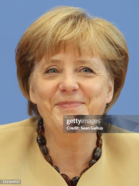 German Chancellor Angela Merkel speaks to the media on September 17, 2012 in Berlin, Germany. Merkel spoke on a broad range of topics, including the...