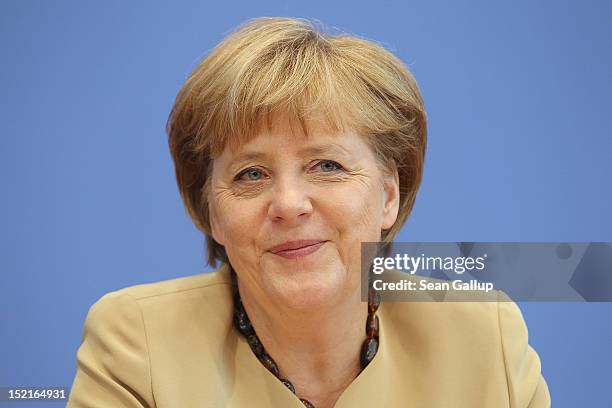 German Chancellor Angela Merkel speaks to the media on September 17, 2012 in Berlin, Germany. Merkel spoke on a broad range of topics, including the...