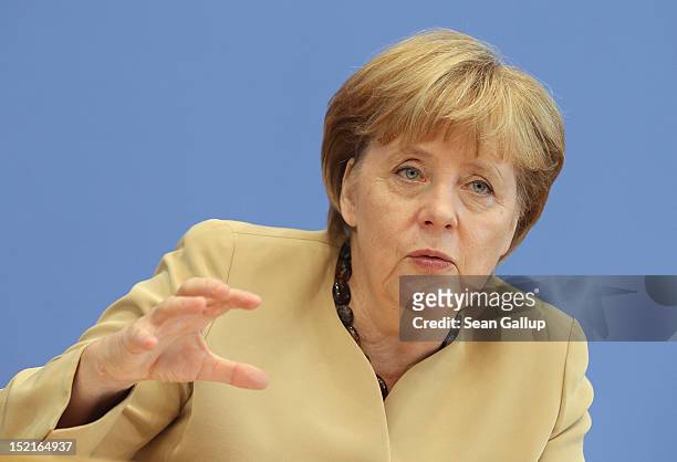 German Chancellor Angela Merkel speaks to the media on September 17, 2012 in Berlin, Germany. Merkel spoke on a broad range of topics, including the...