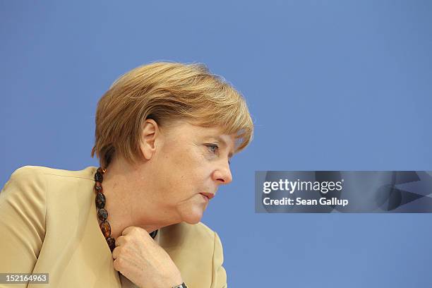 German Chancellor Angela Merkel speaks to the media on September 17, 2012 in Berlin, Germany. Merkel spoke on a broad range of topics, including the...