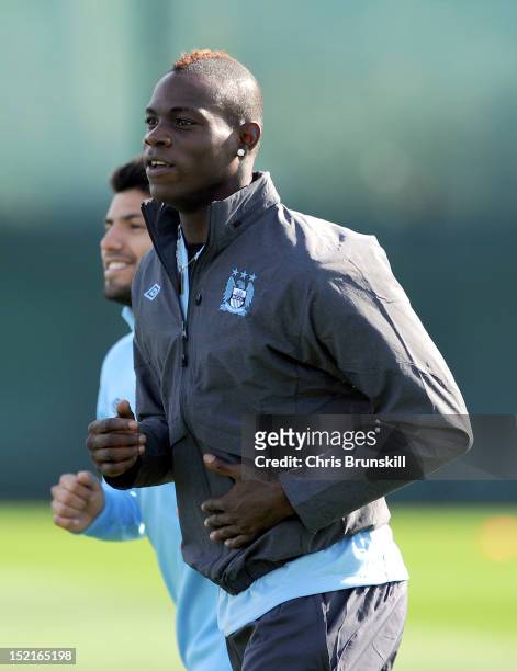 Mario Balotelli of Manchester City during training at Carrington Training Ground on September 17, 2012 in Manchester, England.