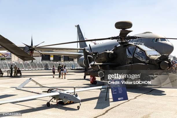 Drone RQ7 Shadow, Helicoptère d'attaque Apache AH-64, et Boeing KC 46 PEGASUS de l'US Air Force lors du 54e Salon International de l'Aéronautique et...