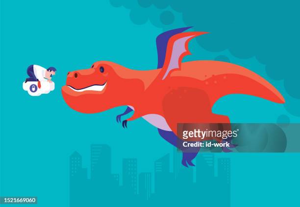 businessman holding cloud and screaming when meeting flying dragon - dragon quest stock illustrations