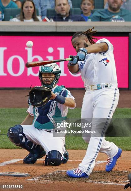 Vladimir Guerrero Jr. Of the Toronto Blue Jays competes in the final round of the MLB All-Star Home Run Derby on July 10 at T-Mobile Park in Seattle,...
