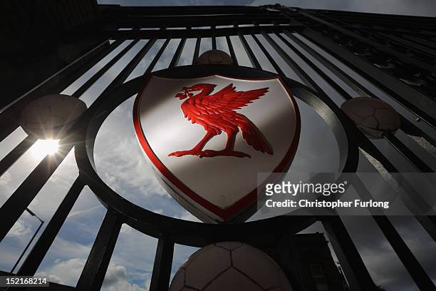 The Liverpool Football Club emblem is displayed on the gates of Anfield Stadium on September 17, 2012 in Liverpool, England. In the wake of the...