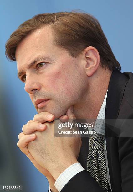 German government spokesman Steffen Seibert attends a press conference given by German Chancellor Angela Merkel on September 17, 2012 in Berlin,...