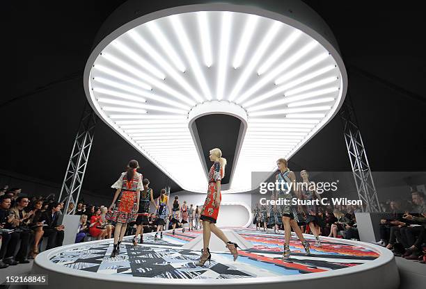 Models showcase designs on the catwalk by Peter Pilotto on day 4 of London Fashion Week Spring/Summer 2013, at The Topshop Venue on September 17,...