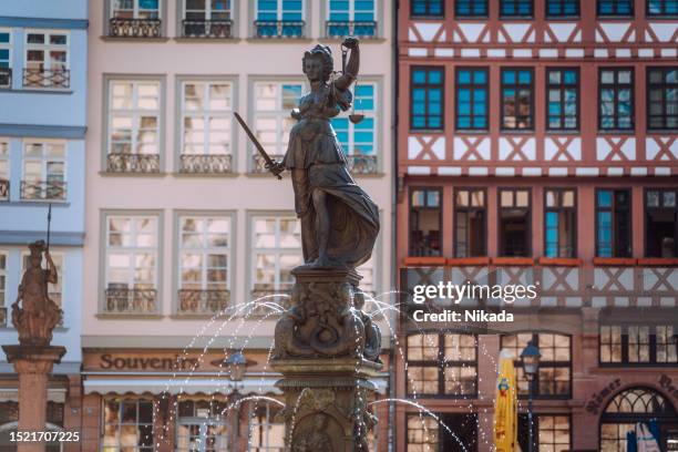 statue of justitia, old town in frankfurt am main, germany - lady justice statue stock pictures, royalty-free photos & images