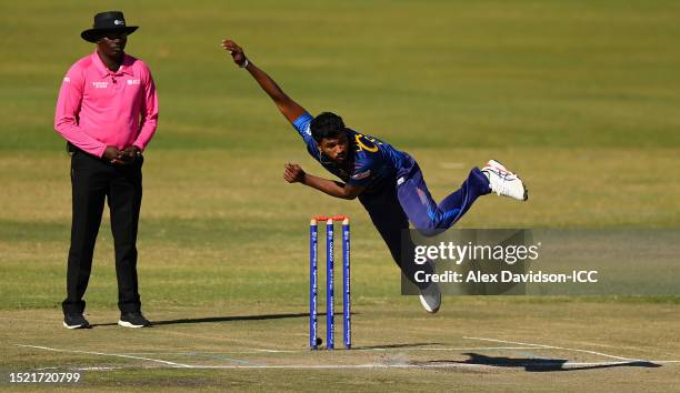 Dilshan Madushanka of Sri Lanka in bowling action during the ICC Men's Cricket World Cup Qualifier Zimbabwe 2023 Super 6 match between Sri Lanka and...