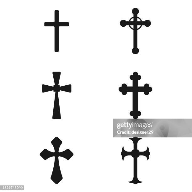 ilustraciones, imágenes clip art, dibujos animados e iconos de stock de diseño vectorial de christian cross set sobre fondo blanco. - cruzar