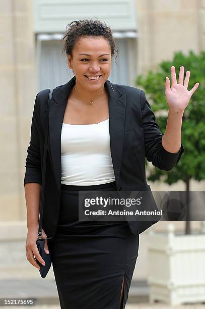 France's Silver Olympic taekwondo athlete Anne-Caroline Graffe arrives for a ceremony with France's President Francois Hollande at Elysee Palace on...