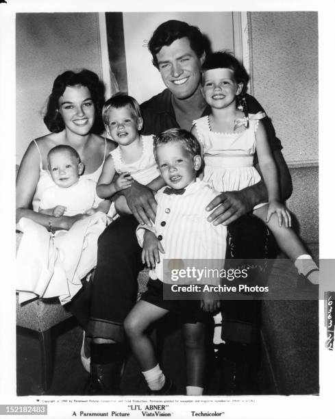 Peter Palmer, with wife Jackie, children Kathleen, Sherri, Mike, Scott in publicity portrait for the film 'Li'l Abner', 1959.