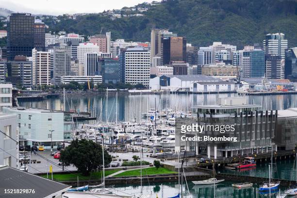 Chaffers Marina, front, and buildings in the central business district in Wellington, New Zealand, on Monday, July 10, 2023. New Zealand's central...