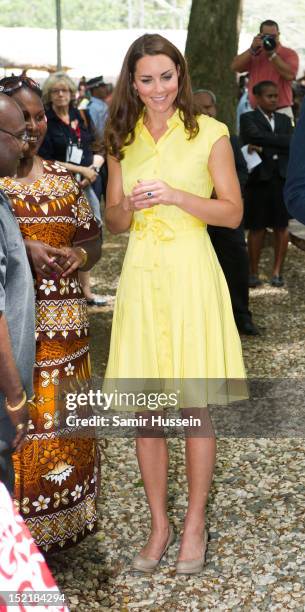 Catherine, Duchess of Cambridge visits a cultural village on the Royal couple's Diamond Jubilee tour of the Far East on September 17, 2012 in...