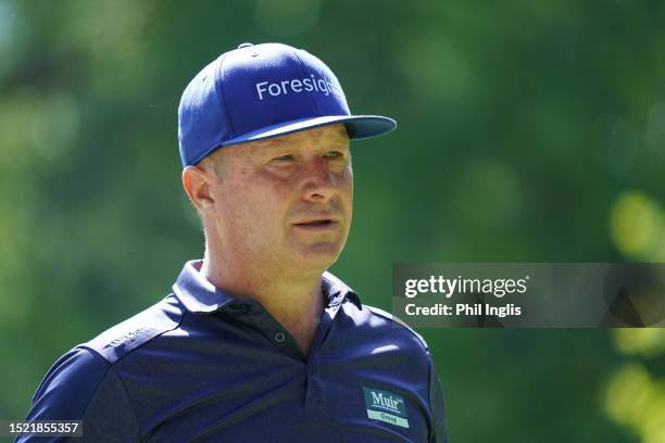 Greig Hutcheon of Scotland in action during Day One of the Swiss Seniors Open at Golf Club Bad Ragaz on July 07, 2023 in Bad Ragaz, Switzerland.