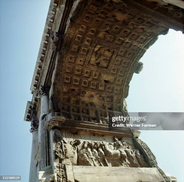 The Roman Forum, Relief from the Arch of Titus showing the triumphal procession after the destruction of Jerusalem in AD 70. Panel showing Titus in a...