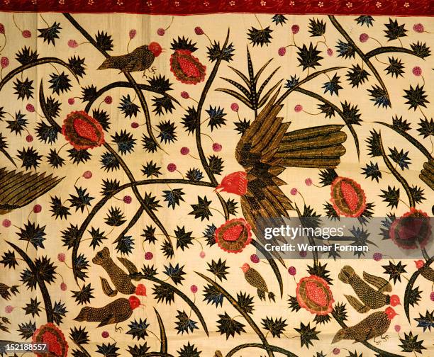 Detail of the design on a batik sarong which incorporates birds, flowers and water plants, Indonesia. Javanese. C 1920. North coast of Java.