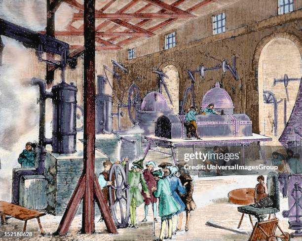 Industrial Revolution, London, Interior of an English factory, Late 18th century, Nineteenth-century colored engraving.