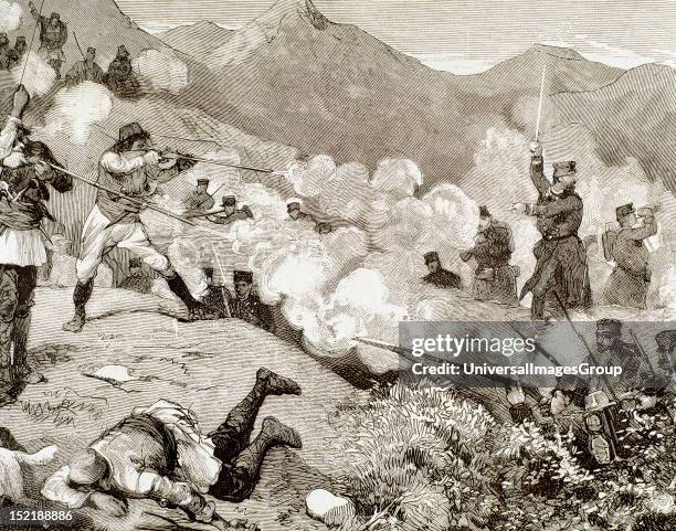 Dalmata-Herzegovina war, Fighting in the mountains of Zagoria, between the insurgents and austrian troops , Engraving.