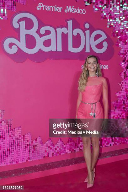 Margot Robbie poses for a photo during the pink carpet for 'Barbie' movie premiere, at Plaza Parque Toreo on July 6, 2023 in Naucalpan de Juarez,...