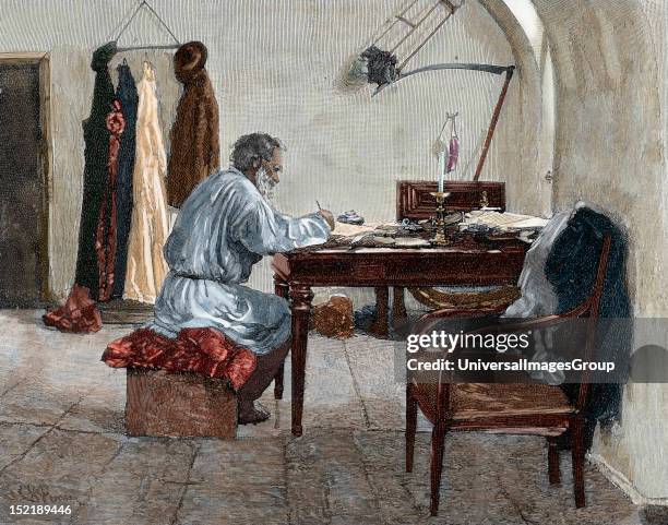 Leo Tolstoy , Russian writer, Totlstoy in his work room, Mancastropa engraving in 'The Artistic Illustration' , Colored engraving.