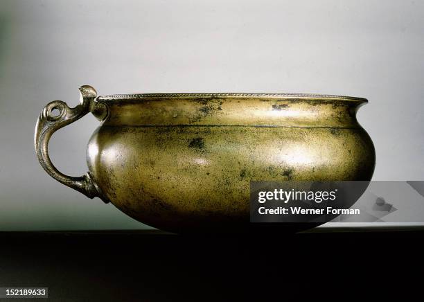 Bronze cup with a handle in the shape of a stylized waterfowl, Found in a tributary of the upper Shannon. Ireland. Celtic. 1st C AD.