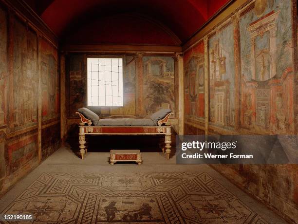 Cubiculum from a villa at Boscoreale, whose walls are decorated with frescoes dating from c 50 BC, The bed is inlaid with ivory, paste and semi...