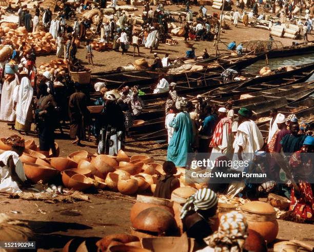 Calabashes on sale beside the river Niger at Mopti, once one of the major entrepots of the trans-Saharan trade caravans, The trade routes converging...