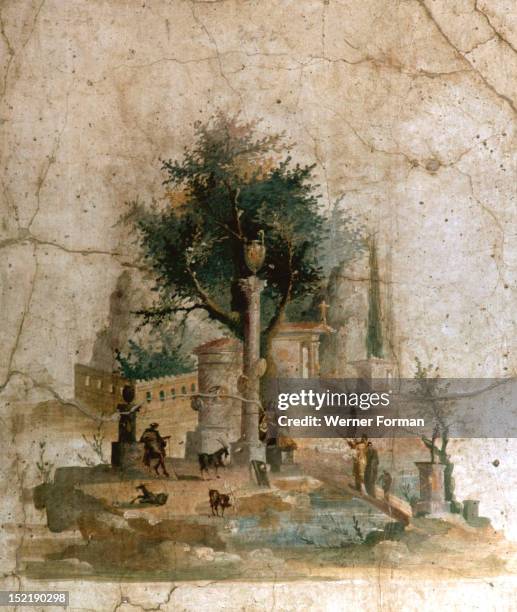 Fresco from the villa of Agrippa Postumus at Boscotrecase, Pompeii, The 3rd style, cubiculum 16, north wall. The scene takes place near a rural...