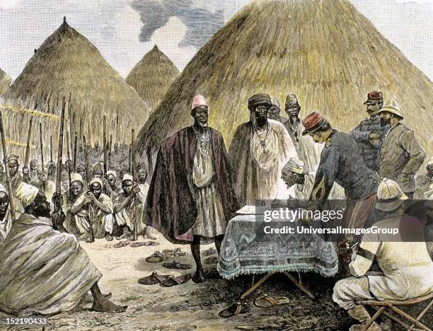 History of Africa, French colonialism, 19th century, Signing a treaty with the chief of the tribe Tamiso, Colored engraving.