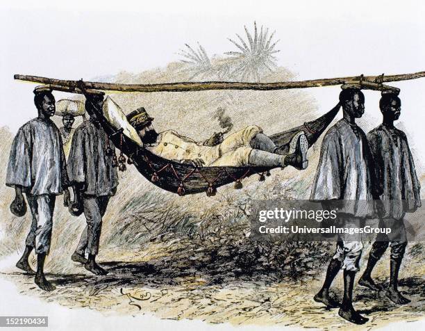 History of Africa, Colonialism, 19th century, European colonizer carried in a hammock by four African porters, Colored engraving.