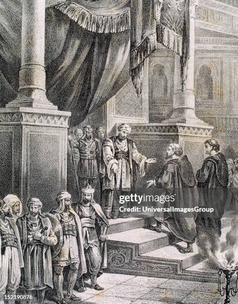 Abd ar-Rahman III , Emir and Caliph of Al-Andalus, Caliph's reception of the monk John Gorze, ambassador of Emperor Otto I, Engraving of the...