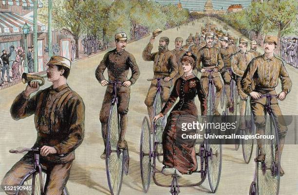 American League cycles in Pennsylvania Avenue, Mid May 1884, Washington, United States, Colored engraving.