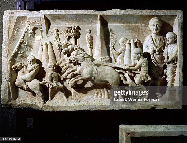 Funerary relief for a magistrate responsible for organising chariot races in the circus, Italy. Roman.