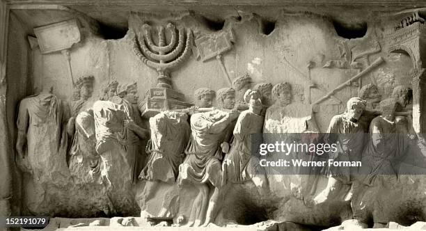 The Roman Forum, Relief from the Arch of Titus showing the triumphal procession after the destruction of Jerusalem in AD 70. Spoils from the Second...