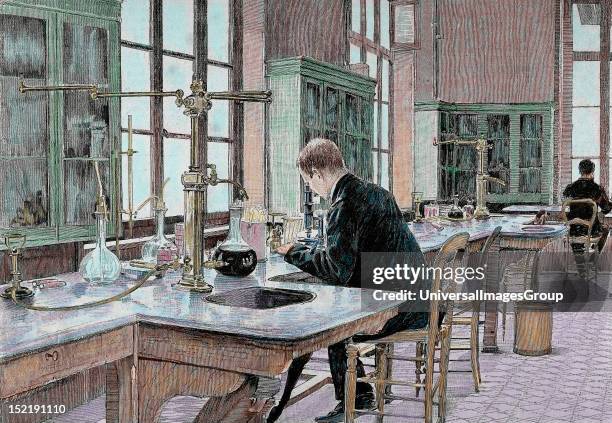 Louis French chemist and bacteriologist, Study of microbes in the Pasteur Institute, Engraving.