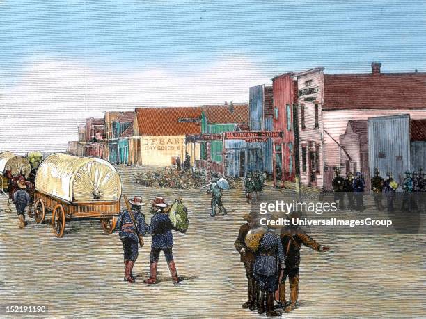 United States, Purcell, Oklahoma, Main Street after the land rush Engraving published in the newspaper 'Frank Leslie's' en1889, Colored.