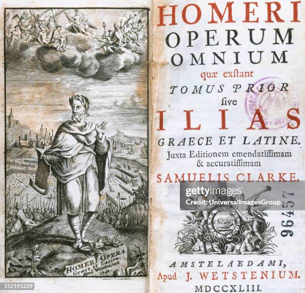 Homer , Greek epic poet, Frontispiece and cover of the Complete Works, Volume First, The Iliad, Set in the Trojan War, Amsterdam Episcopal Library,...