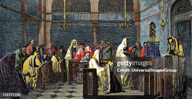 Jewish religion, Synagogue, reading the Torah, Colored engraving.