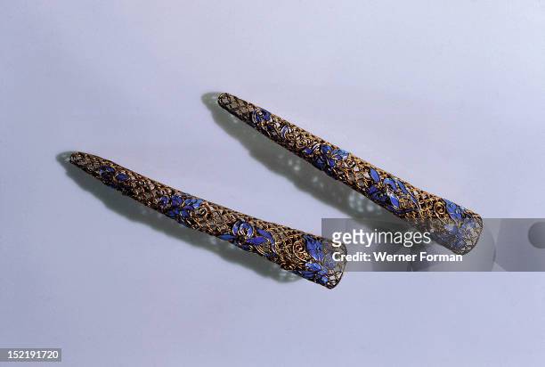 Nail protectors worn by Tzu hsi, Empress Dowager of China, over her six inch long fingernails, China. Chinese. Qing dynasty, 19th c .